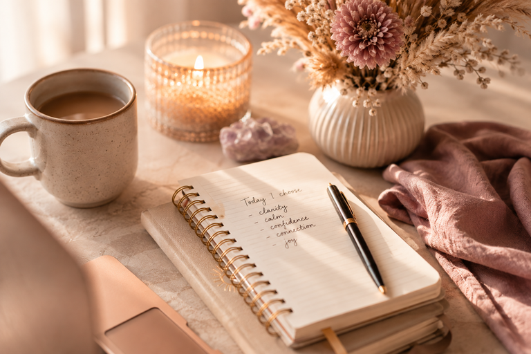 A warm, sunlit desk with a notebook, coffee, candle and dried flowers — a calm creative workspace