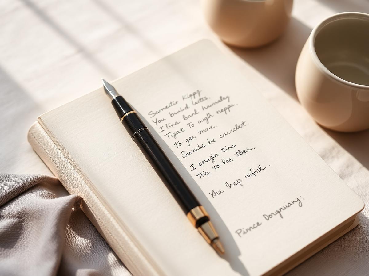 Handwritten notes and a pen resting on a linen notebook in soft morning light